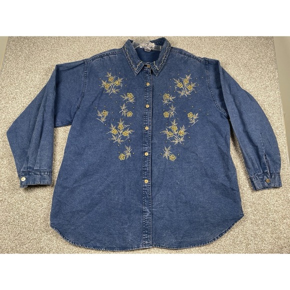 Vintage Denim Shirt Embroidered‎ Beaded Jean Gold Floral CZ Club Z Buttons Sz 2X - Picture 1 of 10
